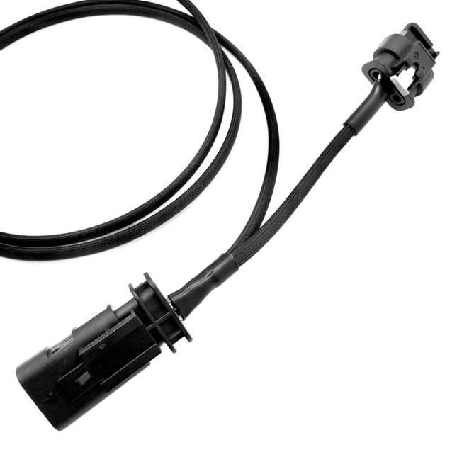Black automotive connector with cable on a white background