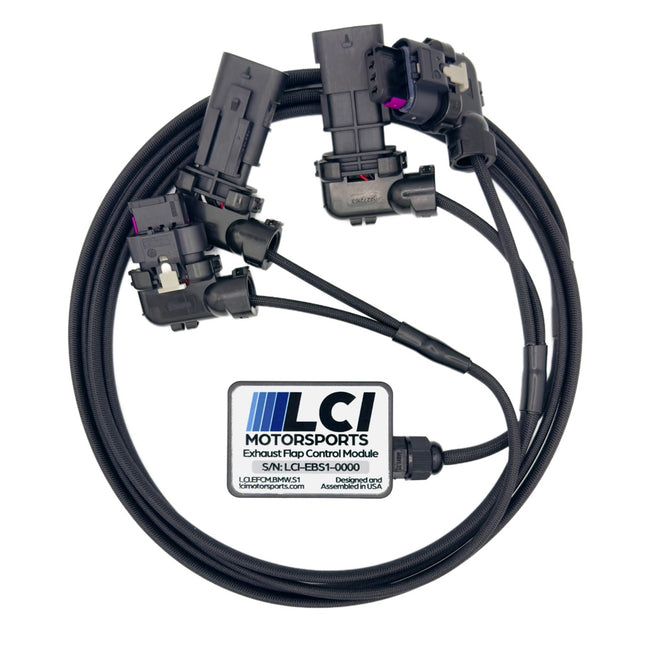 Black wiring harness with connectors on a white background, featuring LCI Motorsports logo.