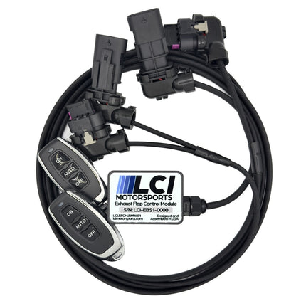 Exhaust valve controller for BMWs with connectors and remotes, fire resistant wiring from LCI Motorsports.
